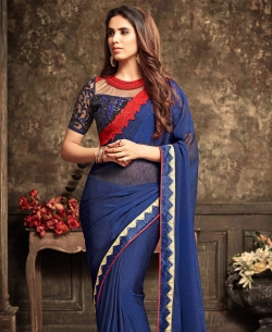 Dark Blue Crepe Silk & Chiffon Border Work Border Sarees