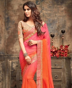 Peach Crepe Silk & Chiffon Border Work Border Sarees