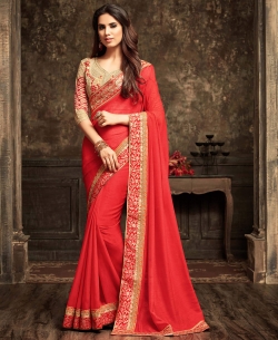 Red Crepe Silk & Chiffon Border Work Border Sarees