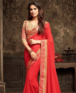 Red Crepe Silk & Chiffon Border Work Border Sarees