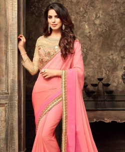Peach Crepe Chiffon With Shaded Pallu Border Work Border Sarees