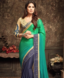 Green Two Tone Georgette With Shaded Pallu Border Work Half And Half Sarees