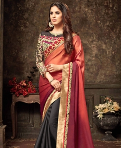 Brown Two Tone Georgette With Shaded Pallu Border Work Half And Half Sarees