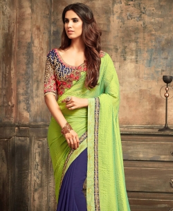 Greenish Two Tone Georgette Border Work Half And Half Sarees