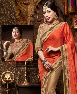 Orange And Beige Satin And Net Embroidered, Lace Border, Beads Lace Half And Half Sarees