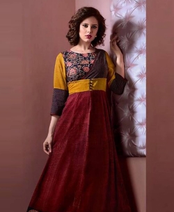 Maroon Cotton Printed Anarkali Kurtis
