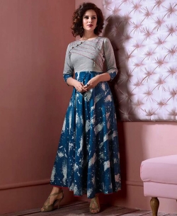 Blue Cotton Printed Anarkali Kurtis
