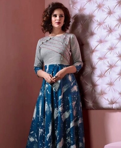 Blue Cotton Printed Anarkali Kurtis