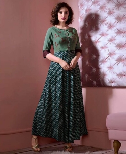 Green Cotton Printed Anarkali Kurtis