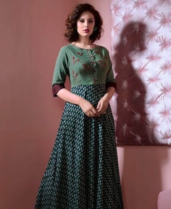 Green Cotton Printed Anarkali Kurtis
