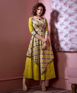 Yellow Cotton Printed Anarkali Kurtis