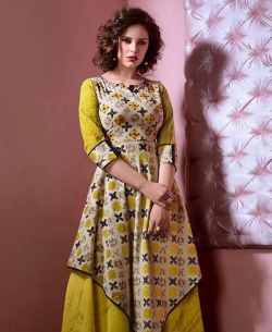 Yellow Cotton Printed Anarkali Kurtis