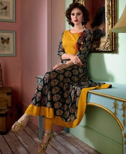 Yellow Cotton Printed Anarkali Kurtis