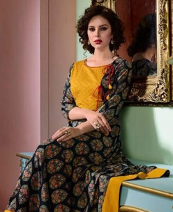 Yellow Cotton Printed Anarkali Kurtis