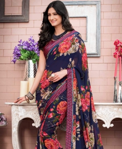 Navy Blue Georgette Printed Regular Sarees