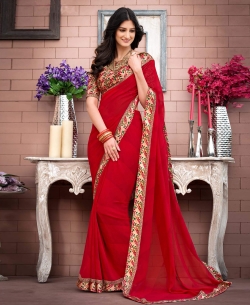 Red Georgette Printed Regular Sarees