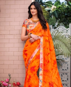 Orange Georgette Printed Regular Sarees