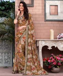 Brown Georgette Printed Regular Sarees