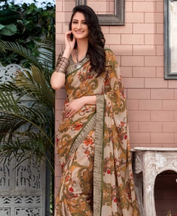 Brown Georgette Printed Regular Sarees