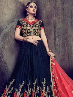 Navy Blue Velvet Embroidery A Line Lehengas