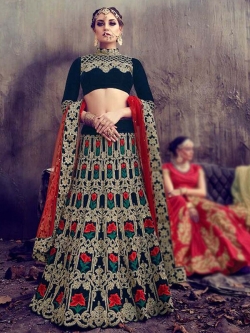 Green Velvet Embroidery A Line Lehengas