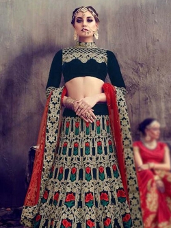 Green Velvet Embroidery A Line Lehengas