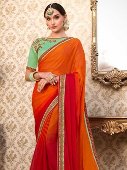 Orange Chiffon Stone Work Border Sarees
