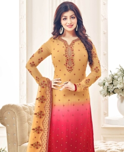 Beige And Pink Georgette Zari And Resham Embroidered, Stone Work Straight Suits