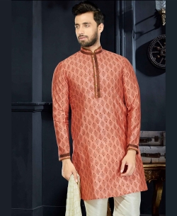 Peach Printed Cotton Printed, Lace Work Kurta Pajama