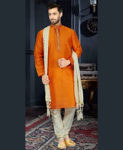 Orange Art Dupion Lace Border Kurta Pajama