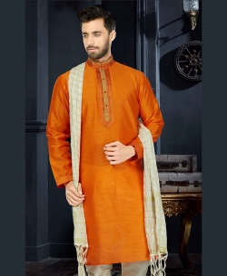 Orange Art Dupion Lace Border Kurta Pajama
