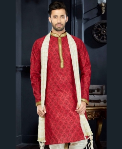 Red Printed Cotton Printed, Lace Border Kurta Pajama
