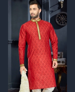 Red Printed Cotton Printed, Lace Border Kurta Pajama