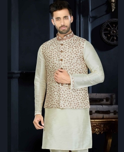 Off White Art Dupion Solid Kurta Pajama
