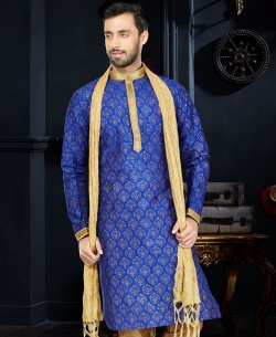 Blue Printed Art Dupion Printed, Lace Border Kurta Pajama