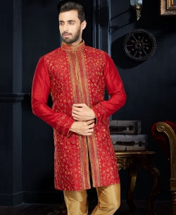 Red Art Dupion Thread Embroidered Kurta Pajama