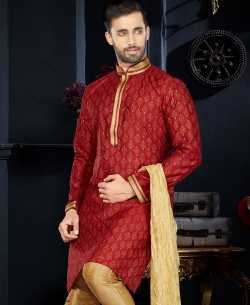 Red Printed Cotton Printed, Lace Border Kurta Pajama