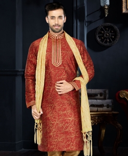 Red Cotton Silk Printed, Lace Border Kurta Pajama
