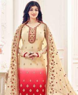 Beige And Pink Georgette Zari And Resham Embroidered, Stone Work Straight Suits
