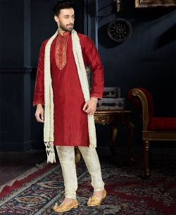 Maroon Art Dupion Lace Border Kurta Pajama