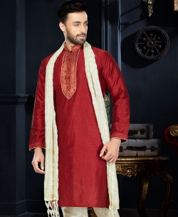 Maroon Art Dupion Lace Border Kurta Pajama