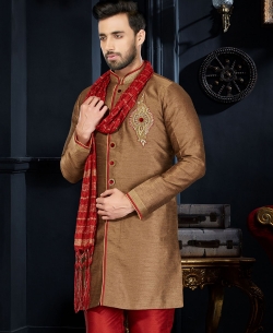 Brown Art Dupion Stone Work, Lace Border Kurta Pajama