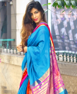 Sky Blue Cotton Silk Printed Cotton Sarees