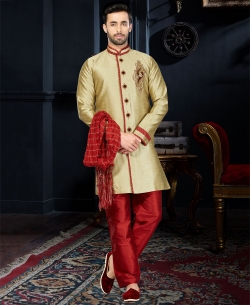 Beige Art Dupion Stone Work, Lace Border Kurta Pajama