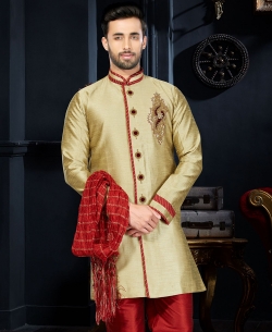 Beige Art Dupion Stone Work, Lace Border Kurta Pajama
