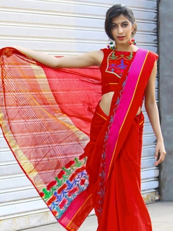 Red Cotton Silk Printed Cotton Sarees