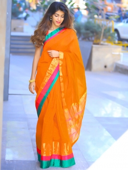 Orange Cotton Silk Printed Cotton Sarees