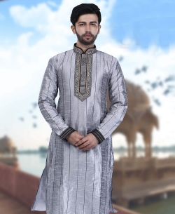Grey Art Silk Plain Kurta Pajama