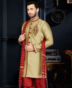 Beige Art Dupion Stone Work, Lace Border Kurta Pajama