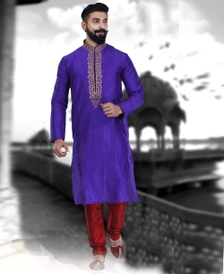 Blue Art Silk Plain Kurta Pajama